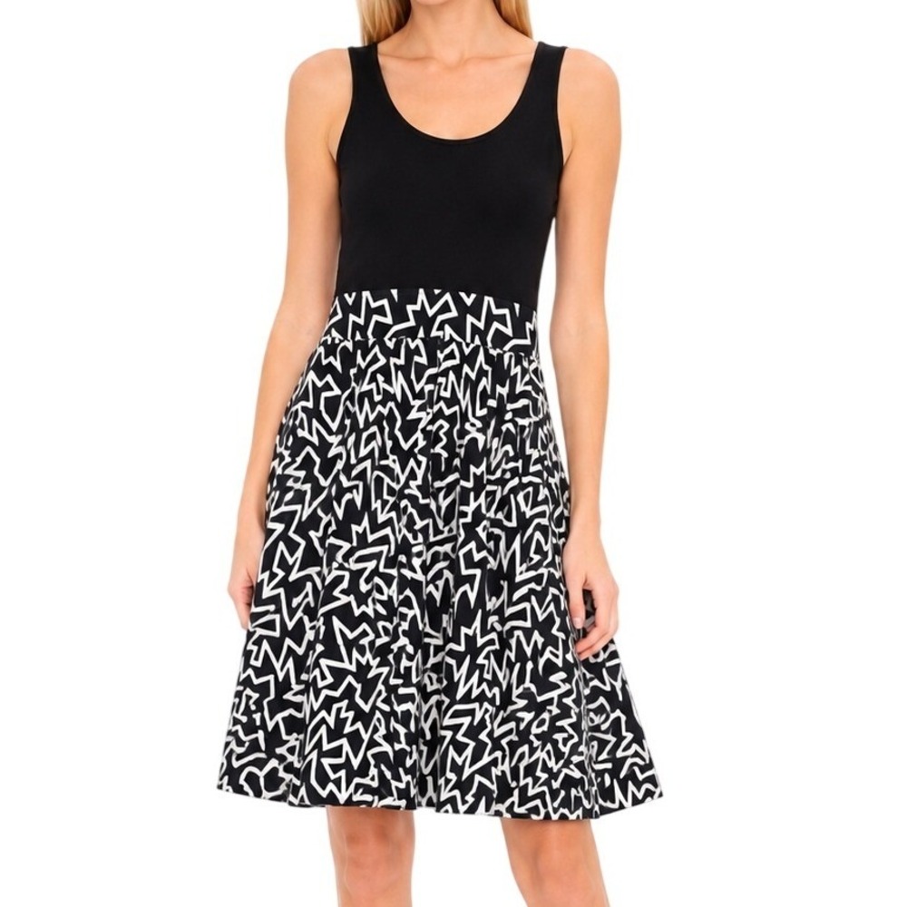 BROOKLYN INDUSTRIES Tank Dress Sz XS Black White Geometric Fit Flare Sleeveless